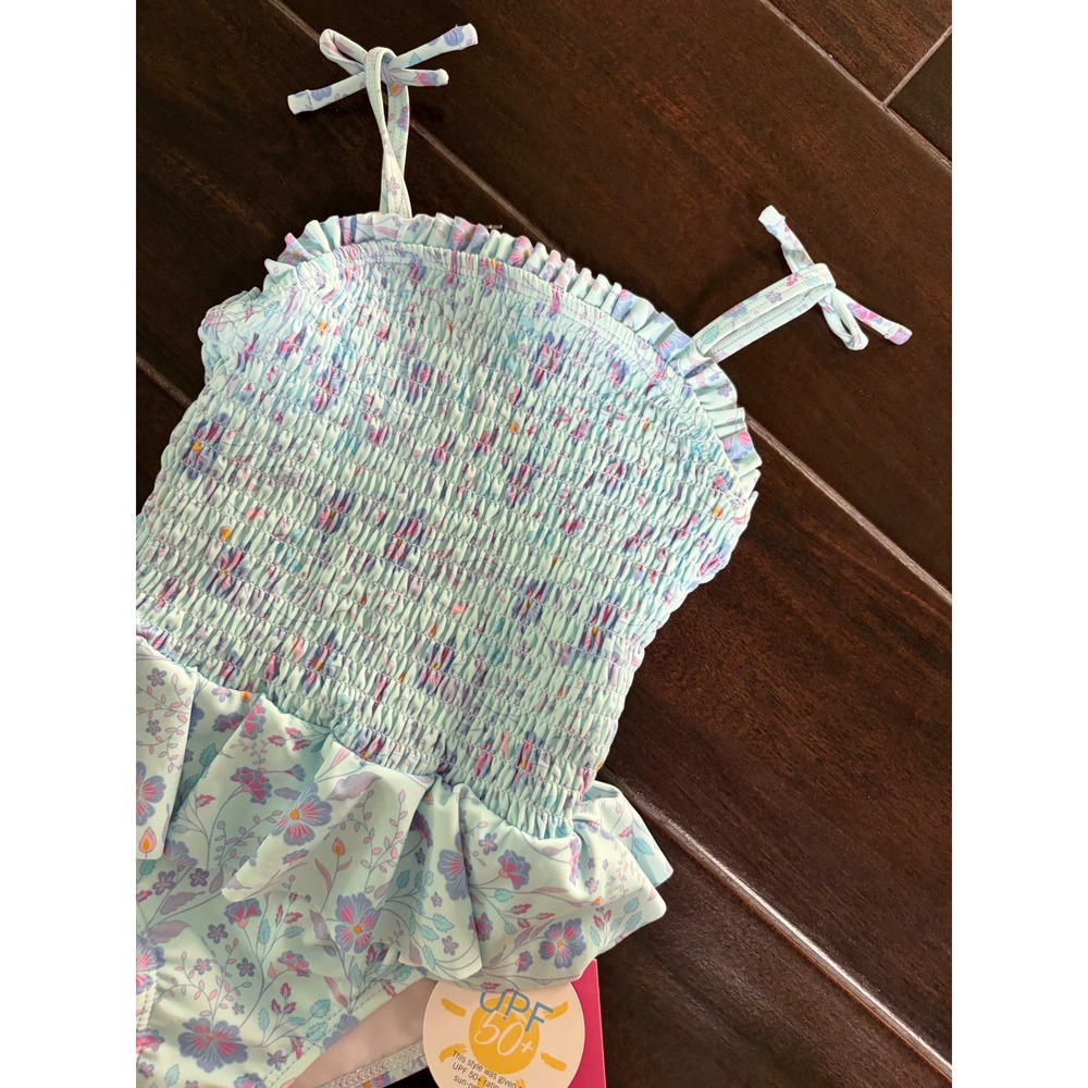 RuffleButts Girls Blue Floral Smocked One Piece Swimsuit UPF 50+ Size 3T NWT